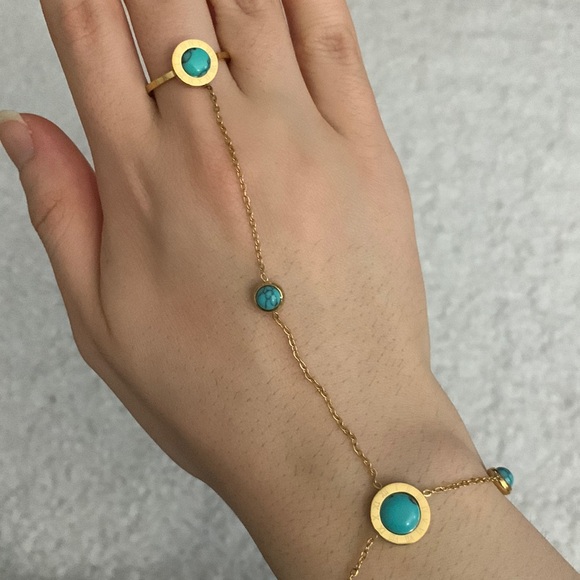 Turquoise and Gold Roman Numeral Hand Chain - Picture 3 of 17